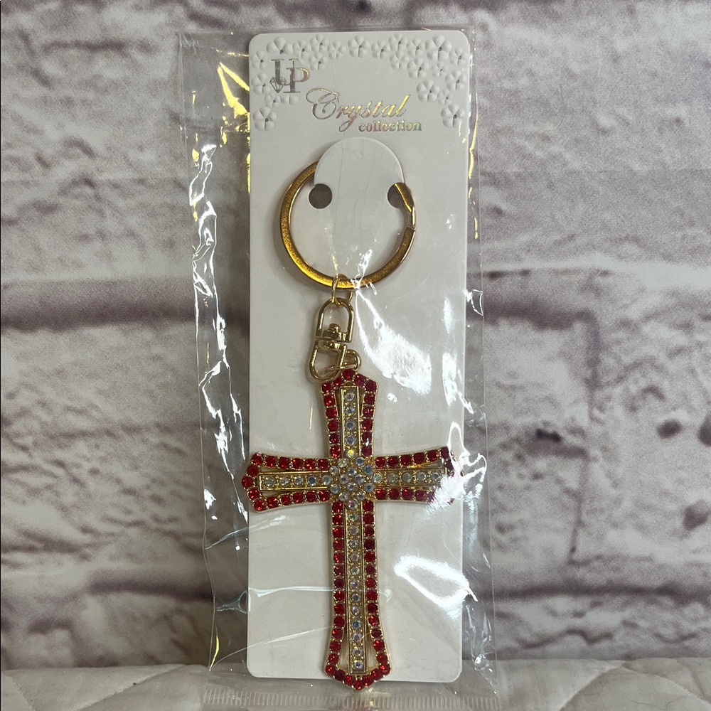 Red and Gold Rhinestone Cross Keychain
